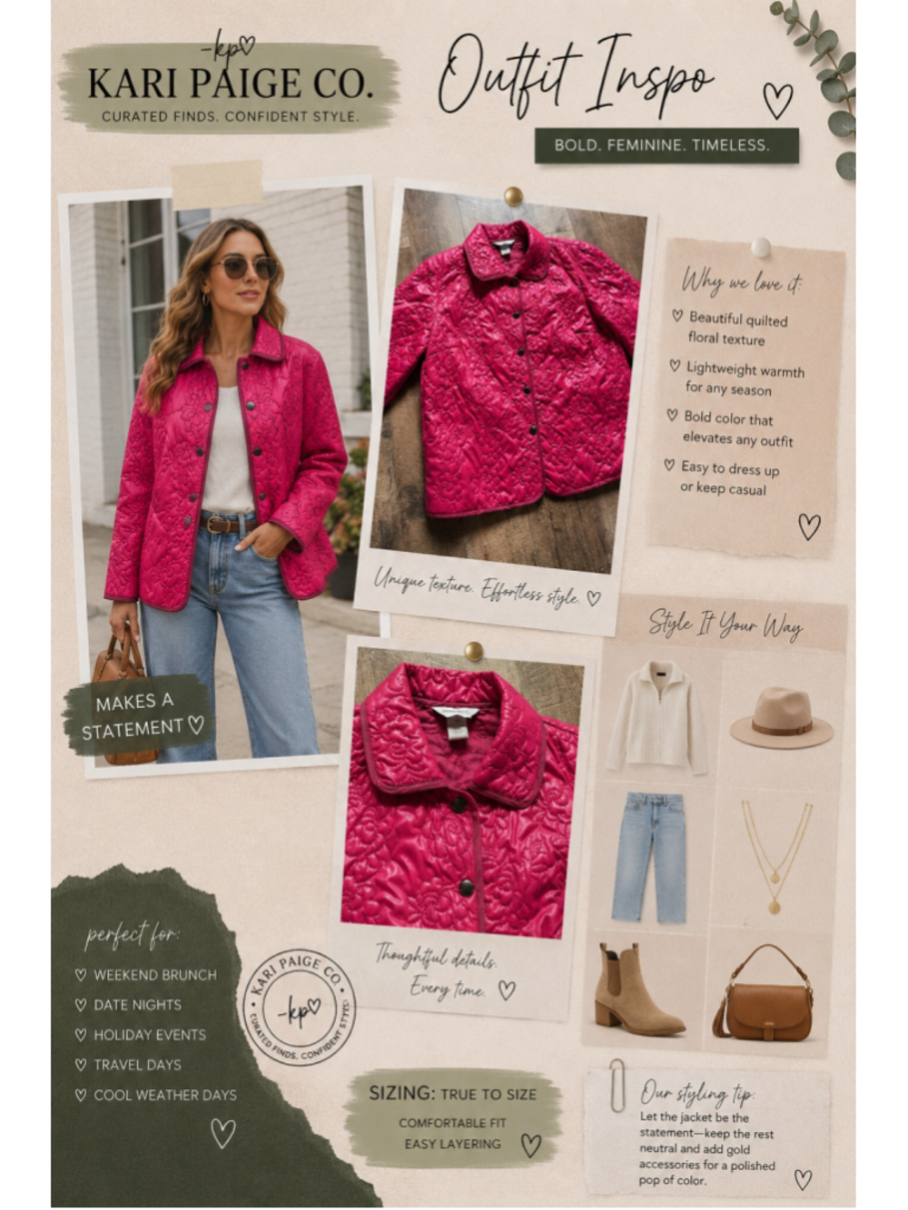 Women's City Blues by Koret Quilted Floral Jacket, Size L, Pink